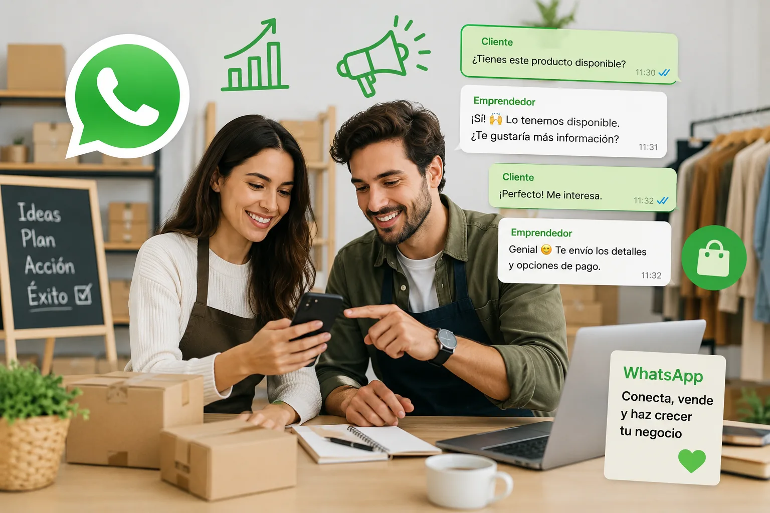 Dos emprendedores atienden pedidos por WhatsApp en su local